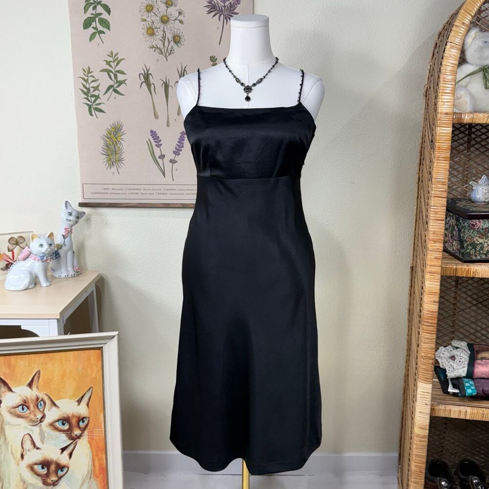 Vtg 90s Y2k Black Satin Beaded Strap Slip Dress Party Sexy Romantic Goth Glam S